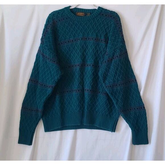 Vintage Eddie Bauer Men's Teal Purple Cable Knit Pullover Sweater Large Cotton - Picture 1 of 6